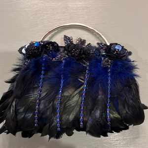 Chico's EUC Vintage Evening Purse. Blue Feathers and rhinestones.